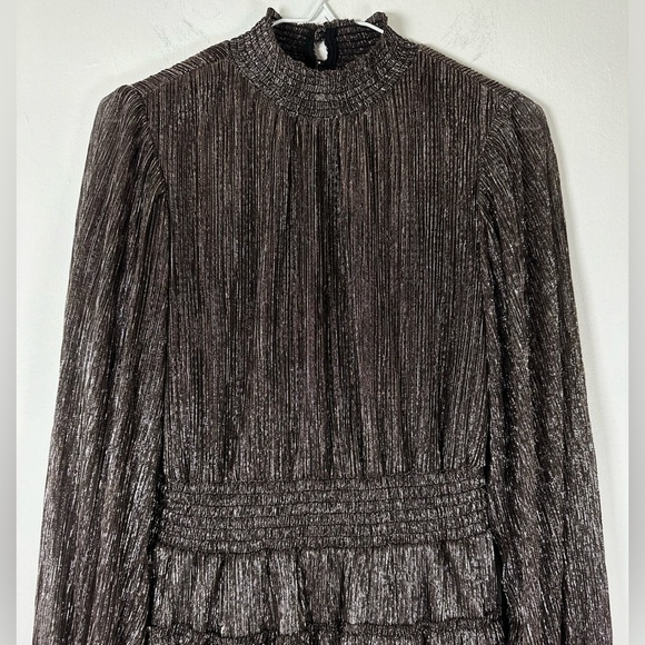 1. State Metallic Smocked Dress Mock Neck Tiered Ruffle Black Gold Women's Small - Picture 4 of 8